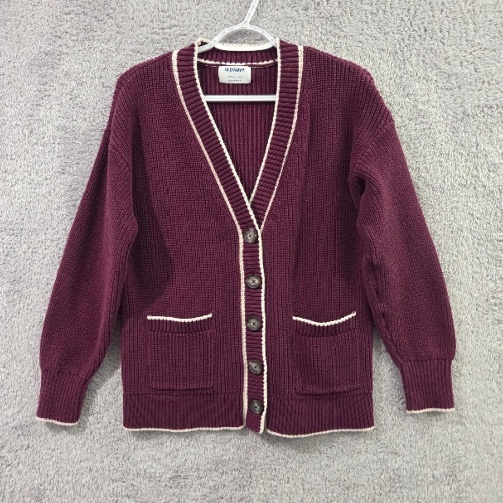Old Navy Varsity Cardigan Women's Medium Burgundy Shaker Knit Cotton Collegiate